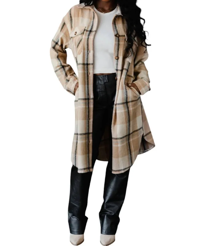 Weekend Deal Plaid Long Flannel Jacket In Tan/black/beige/grey