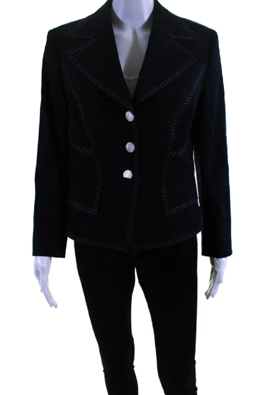 Savings Galore Escada Womens Wide Lapel Button Down Suit Jacket Navy Blue Wool