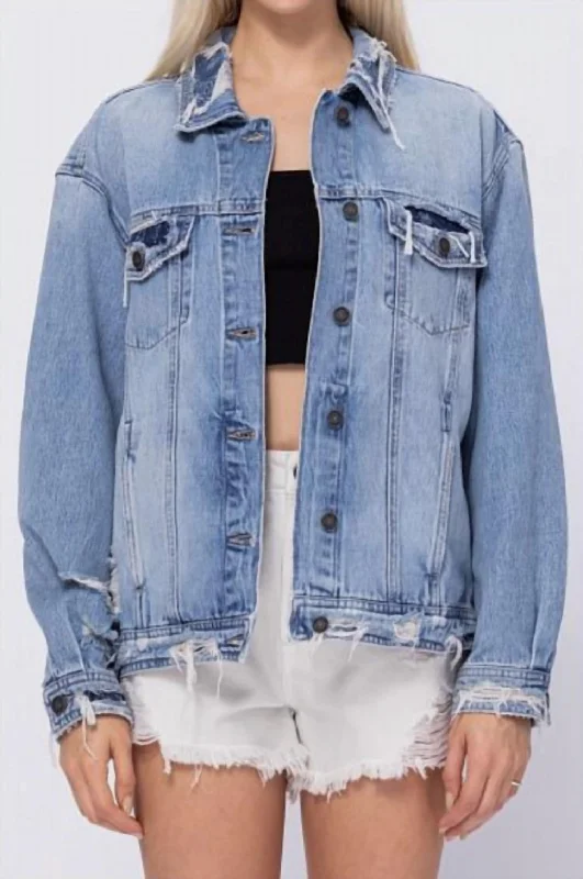Price Rollback Women's Distressed Bandana Oversized Denim Jacket In Light Wash