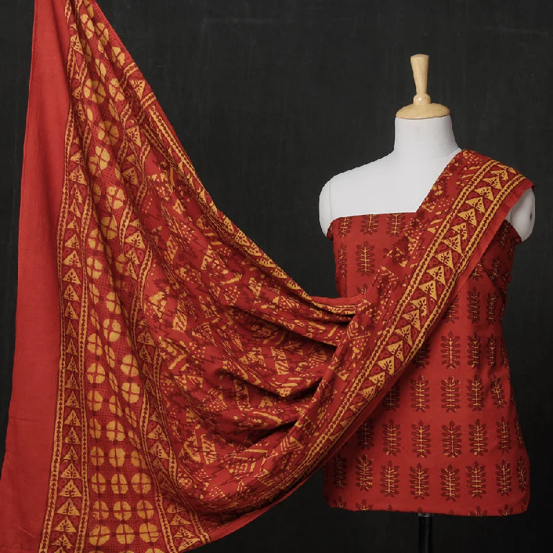 Bargain Blast Red - 3pc Cotton Block Printed Pipad Dress Material Set