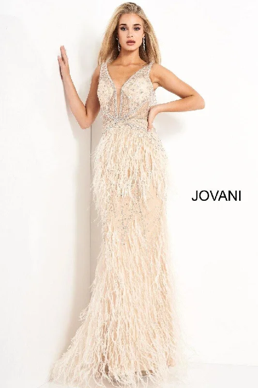 Midnight Madness Jovani 03023 Prom Long Sleeveless Feather Dress Blush
