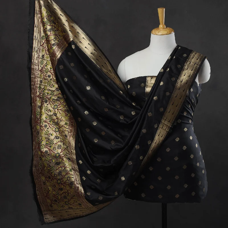 Instant Discount Black - 2pc Paithani Weave Silk Suit Material Set 09