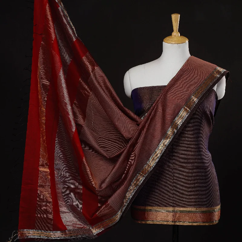 Sale Event Brown - 2pc Maheshwari Silk Cotton Tissue Zari Work Handloom Suit Material Set