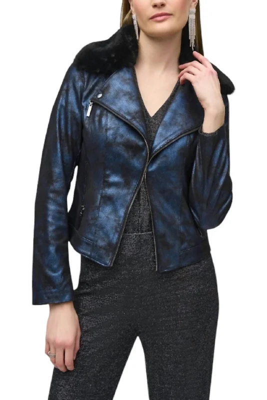 Limited Quantity Foiled Suede Jacket With Faux Fur Collar In Blue / Black
