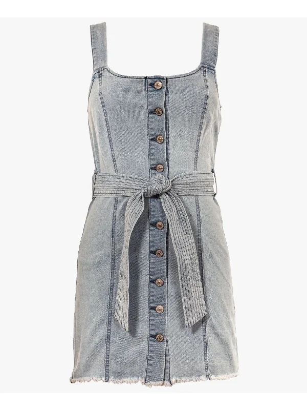 Great Bargains REWASH Womens Blue Frayed Belted Buttoned Sleeveless Square Neck Above The Knee Sheath Dress