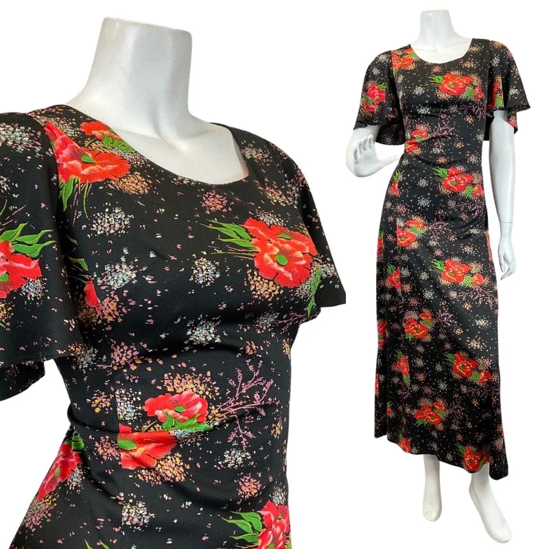 Deal Explosion VINTAGE 60s 70s BLACK RED GREEN POPPY FLOWER DOTTY MAXI DRESS 14 16