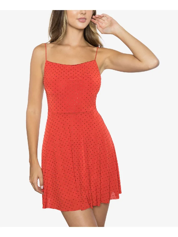 Special Savings B DARLIN Womens Red Rhinestone Low Back Spaghetti Strap Mini Party Fit + Flare Dress