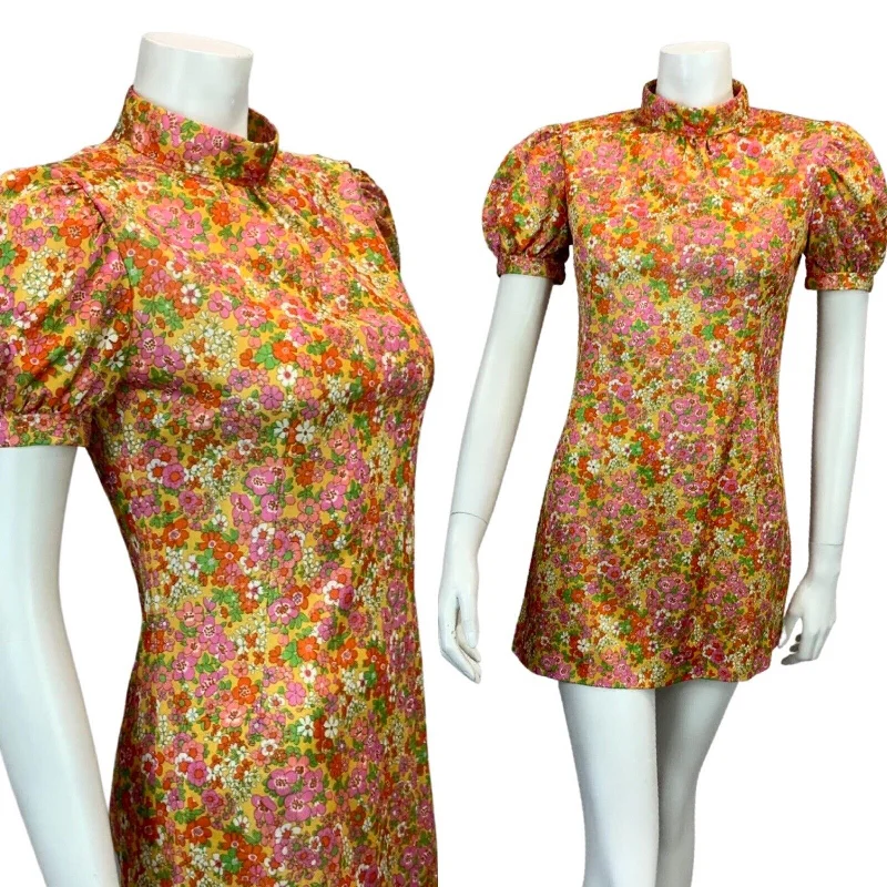 Flash Sale VINTAGE 60s 70s ORANGE PINK ORANGE RED GREEN FLORAL PRINT MIDI MOD DRESS 6 8