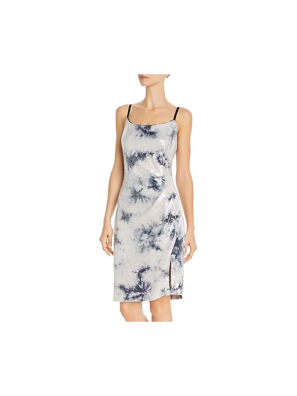New Deals LAUNDRY Womens Ruched Sequined Acid Wash Spaghetti Strap Square Neck Short Cocktail Sheath Dress
