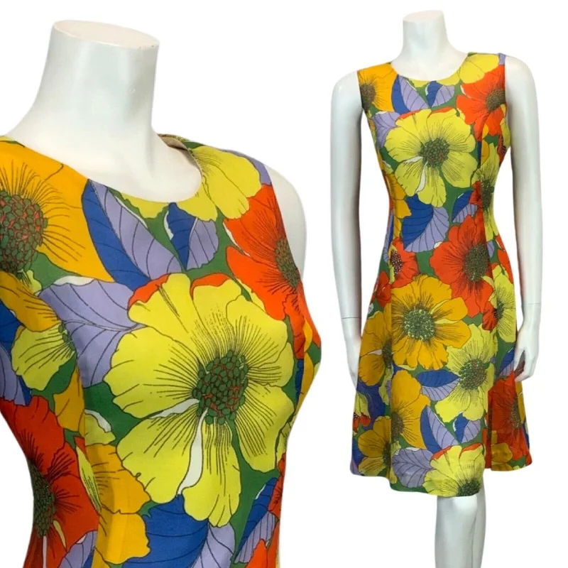 Great Deals VINTAGE YELLOW ORANGE BLUE GREEN FLORAL PRINT FLOATY MIDI DRESS 14