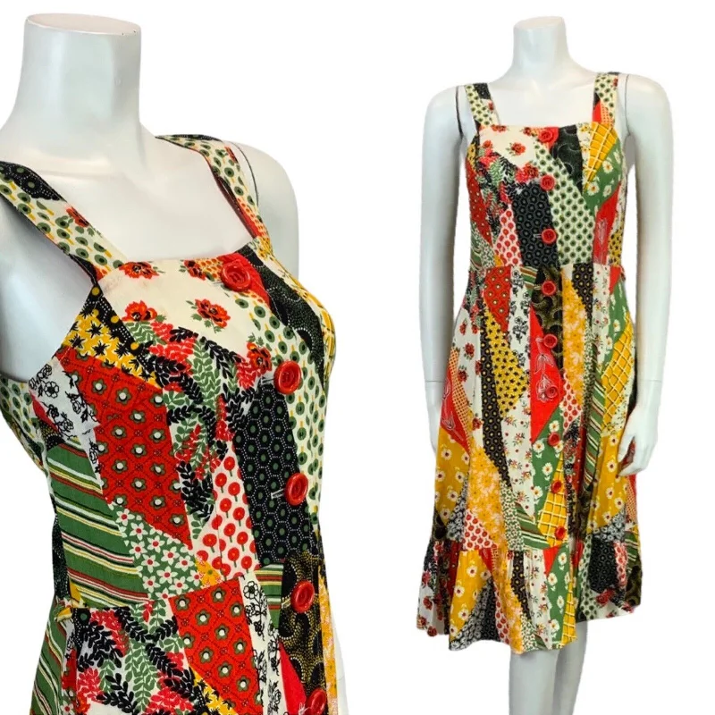 Special Savings VINTAGE 60s 70s PATCHWORK BUTTON DOWN BOHO FOLK PRAIRIE MIDI DRESS 6 8