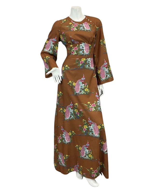 Don't Wait VTG 60s 70s BROWN PINK BLUE PEACOCK FLORAL PRINT BOHO FOLK MAXI DRESS 10