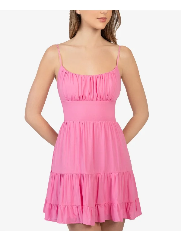 Deep Discounts B DARLIN Womens Pink Zippered Tie Back With Cut Out Spaghetti Strap Scoop Neck Short Fit + Flare Dress