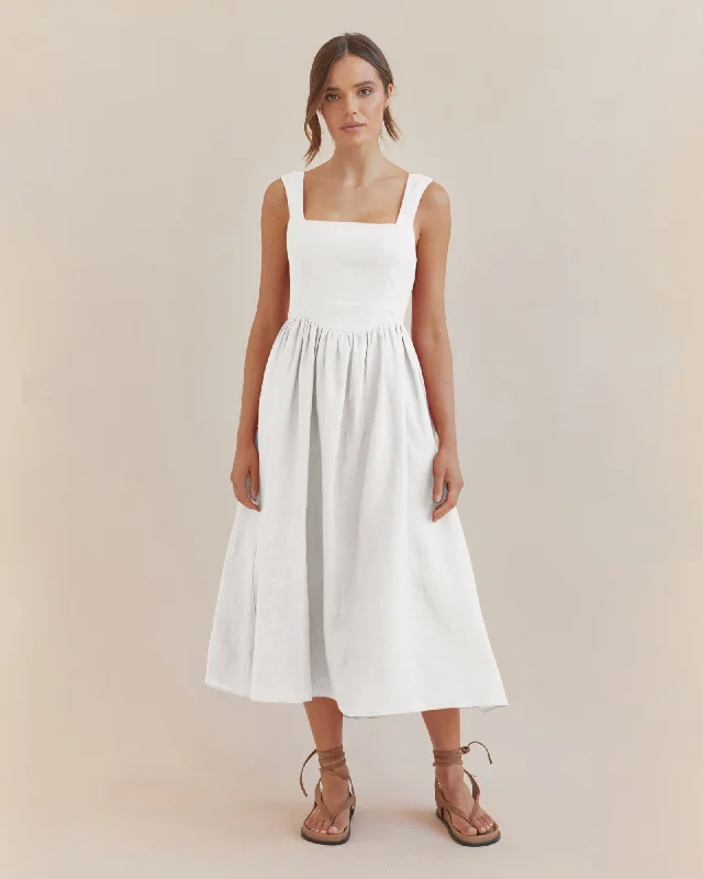 Steals and Deals Caprice Corset Linen Midi Dress - White