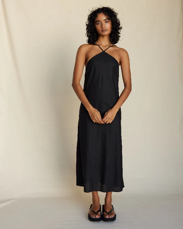 Limited Time Discount Krisha Linen Halter Midi Dress - Black