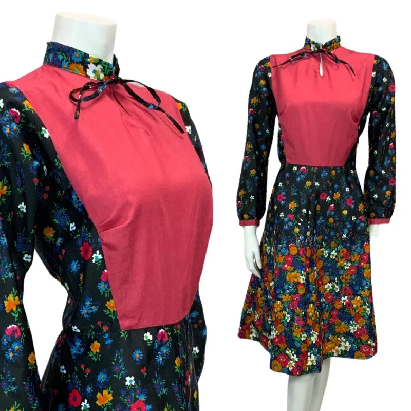 Huge Savings VINTAGE 60s 70s BLACK BURGUNDY BLUE ORANGE FLORAL PRINT FOLK BIB DRESS 12