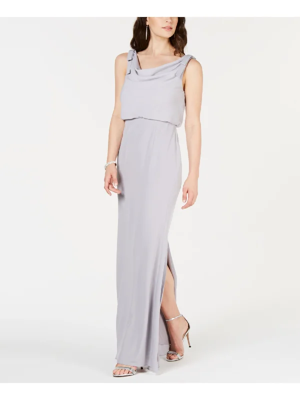 Huge Discounts ADRIANNA PAPELL Womens Silver Slitted Sleeveless V Neck Full-Length Formal Blouson Dress