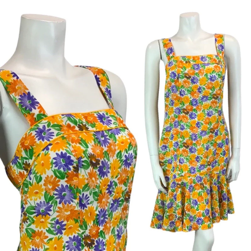Markdown Madness VINTAGE 60s 70s ORANGE YELLOW PURPLE GREEN FLORAL DAISY STRAPPY MIDI DRESS 12 14