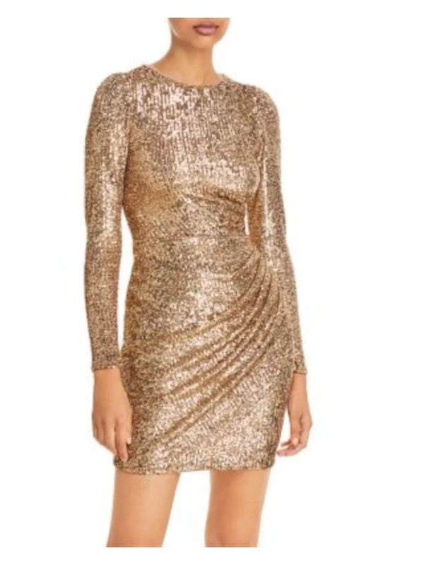 Discount Deals AQUA FORMAL Womens Sequined Long Sleeve Crew Neck Mini Formal Body Con Dress