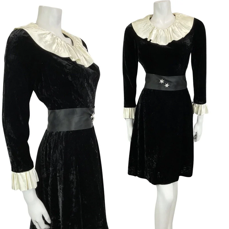 Doorbuster Deal VTG 60s 70s BLACK VELVET CREAM EDWARDIAN MOD PARTY CHRISTMAS EVENING DRESS 8