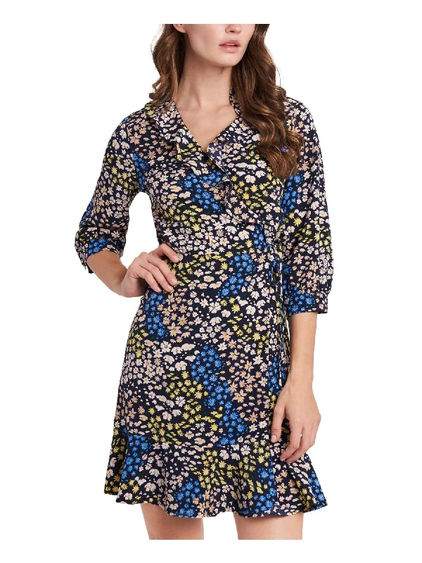 Buy More, Save More RILEY&RAE Womens Navy Ruffled Tie Floral 3/4 Sleeve Surplice Neckline Short Party Wrap Dress