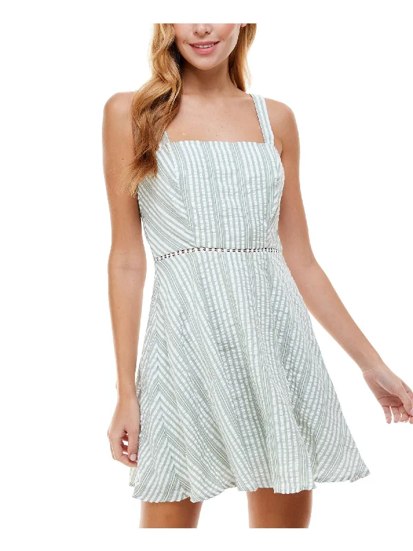 Instant Discount CITY STUDIO Womens Green Zippered Bow At Back Striped Sleeveless Square Neck Short Fit + Flare Dress