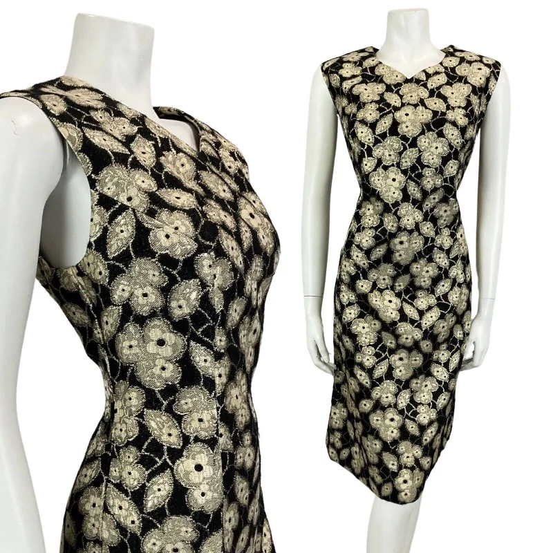 Blowout Deals VINTAGE 60s 70s BLACK GOLD FLORAL MOD MINI PARTY CHRISTMAS EVENING DRESS 16
