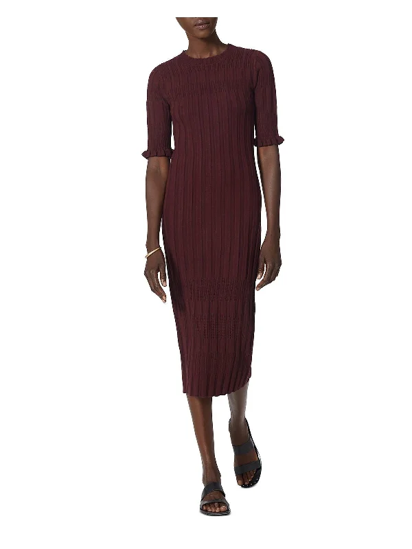 Great Bargains JOIE Womens Burgundy Ruffled Sweater Short Sleeve Crew Neck Midi Evening Body Con Dress