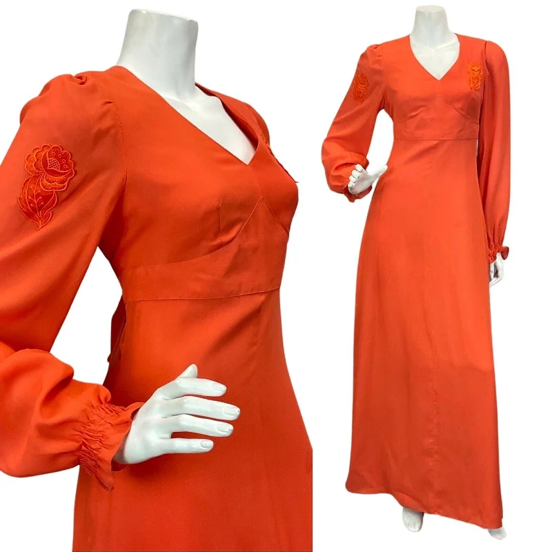 Final Clearance VINTAGE 60s 70s ORANGE CORAL FLOWER EMBROIDERY RUFFLE SLEEVE MAXI DRESS 8