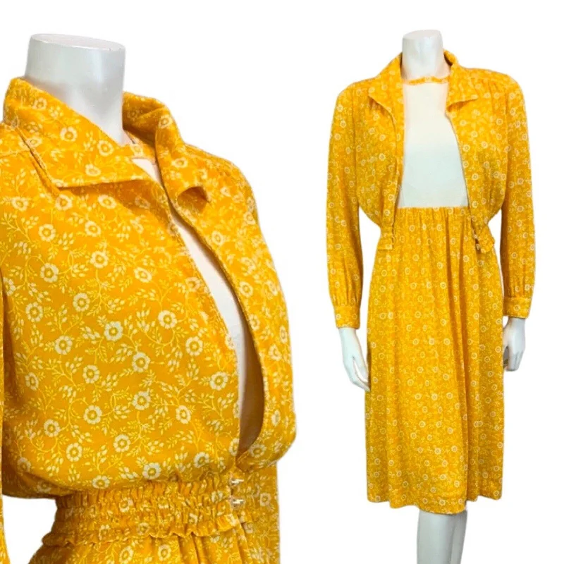 Price Smash VTG MUSTARD YELLOW WHITE FLORAL PRINT TWO PIECE JACKET DRESS 60s 70s 10