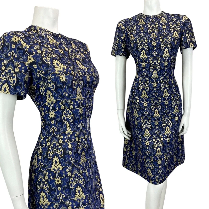 Savings Event VINTAGE 60s 70s BLUE NAVY GOLD FLORAL MOD MINI PARTY CHRISTMAS EVENING DRESS 14