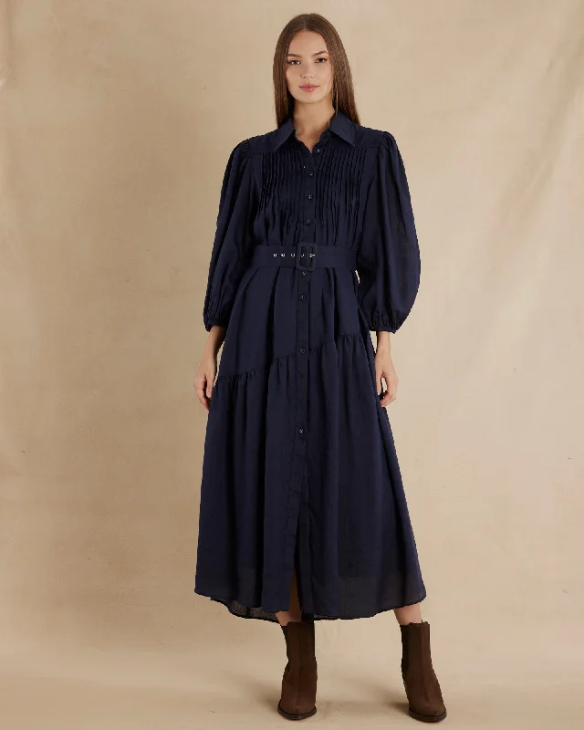 Markdowns Poeta Ramie Pintuck Belted Dress - Navy