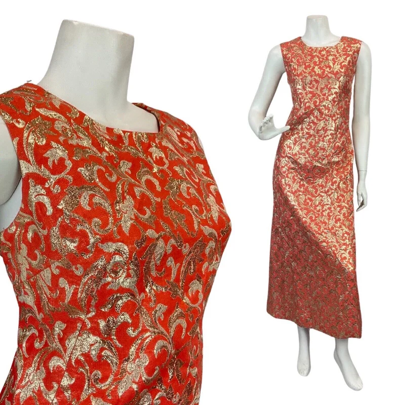 Blowout Deals VINTAGE 60s 70s ORANGE GOLD FLORAL SWIRLING BROCADE MOD SLEEVELESS MAXI DRESS 12