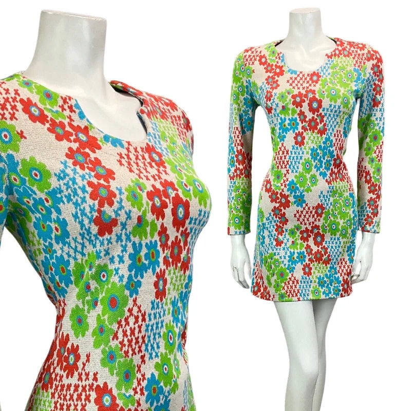 Must-Have Deals VINTAGE 60S 70S GREY RED GREEN BLUE FLORAL PRINT BOHO MOD MINI DRESS 8