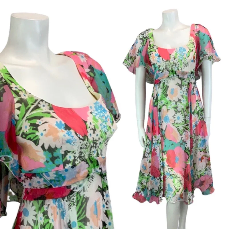 Online Exclusive VINTAGE 60s 70s PINK BLUE GREEN FLORAL PRINT RUFFLED FLOATY MIDI DRESS 8 10