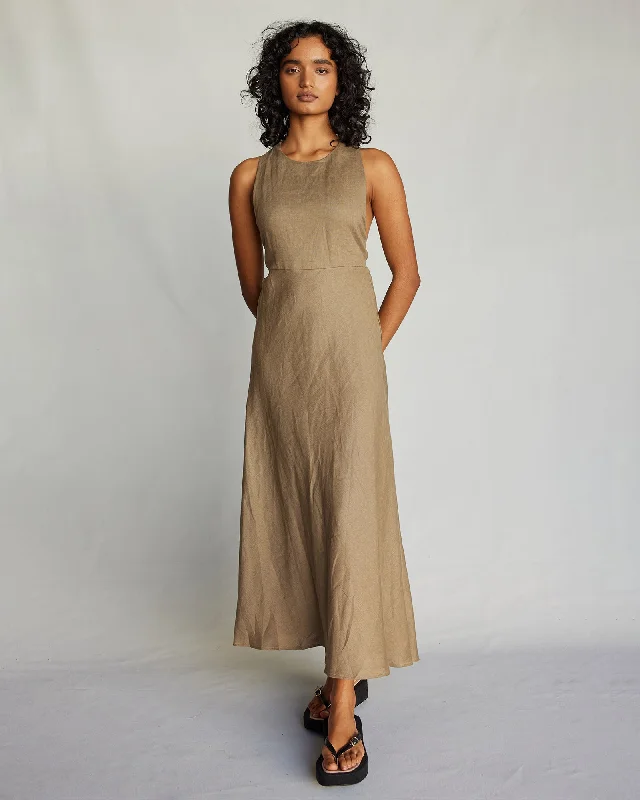 Year-End Clearance Zaina Linen Halter Maxi Dress - Khaki