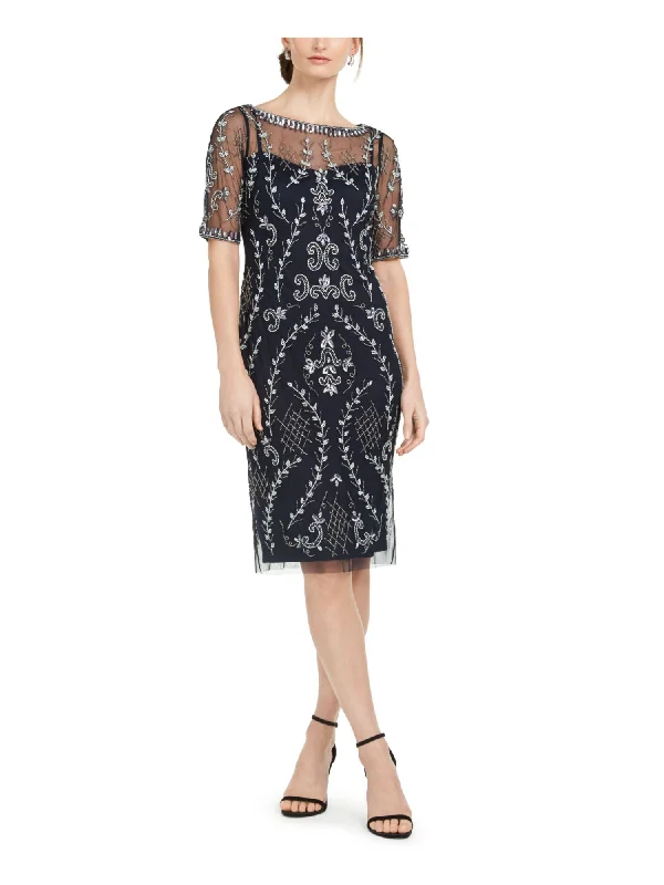 Special Price ADRIANNA PAPELL Womens Navy Beaded Short Sleeve Boat Neck Knee Length Evening Sheath Dress