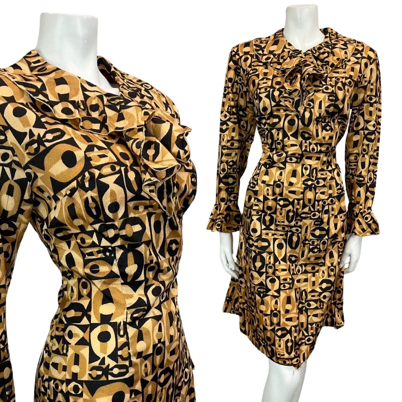 Lowest Prices VINTAGE 60s 70s TAN BROWN BLACK PSYCHEDELIC RUFFLE MINI DRESS DRESS 10 12