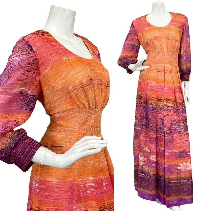 Final Markdown VTG 60s 70s ORANGE PINK PURPLE SUNSET FLORAL BOHO FOLK MAXI DRESS 12 14