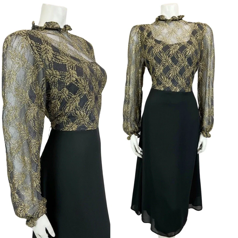 Special Savings VTG 60s 70s BLACK GOLD LACE DISCO MOD MINI PARTY CHRISTMAS EVENING DRESS 16 18