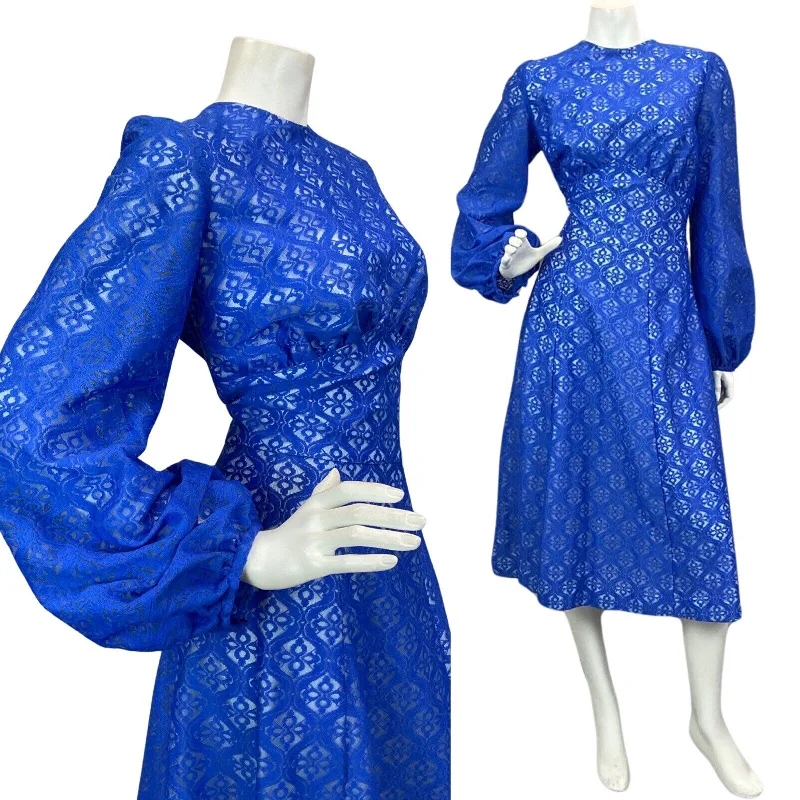 Customer Appreciation Sale VINTAGE 60s 70s ELECTRIC BLUE LACE BALLOON SLEEVE BOHO EVENING MIDI DRESS 12