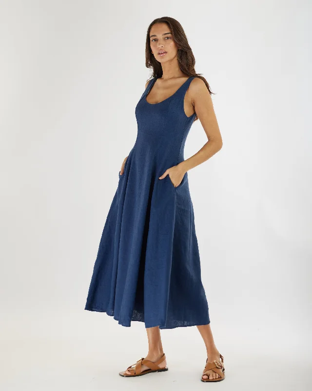 Limited Time Discount Anna Panelled Linen Midi Dress - Navy