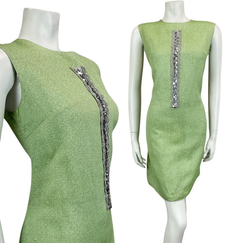 The Best Prices VINTAGE 60s 70s GREEN METALLIC SILVER MOD MINI PARTY CHRISTMAS EVENING DRESS 14