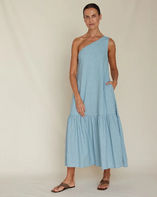Buy More, Save More Aruba Linen One Shoulder Dress - Duckegg Blue