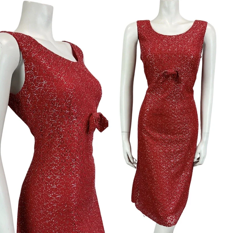 Instant Savings VINTAGE 60s 70s RED SILVER MOD DISCO MIDI PARTY CHRISTMAS EVENING DRESS 14