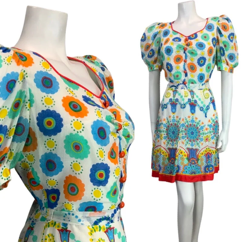Price Drop VINTAGE 60s 70s WHITE RED GREEN GEOMETRIC DAISY MOD COTTON MINI DRESS 10 12
