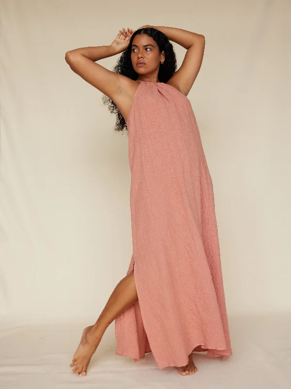 Price Cut Saloma Linen Halter Dress - Rosewood