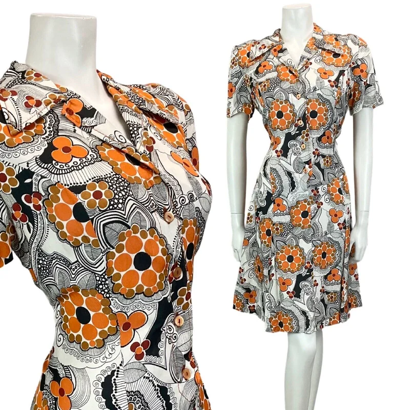 Unbeatable Prices VINTAGE 60S 70S WHITE ORANGE BROWN BLACK FLORAL PSYCHEDELIC MOD DRESS 14