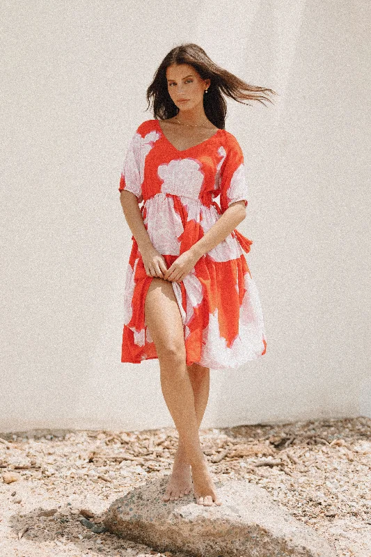 Seasonal Clearance Syville Short Sleeve Mini Dress - Red Pink Floral