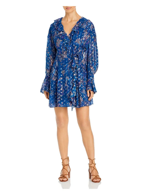 Online Only IRO Womens Blue Paisley Long Sleeve Surplice Neckline Short Wrap Dress